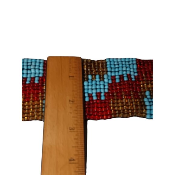Wide Belt Stretch Blue Red Brown Beaded Boho Tribal Stretchy Wooden Buckle 28\